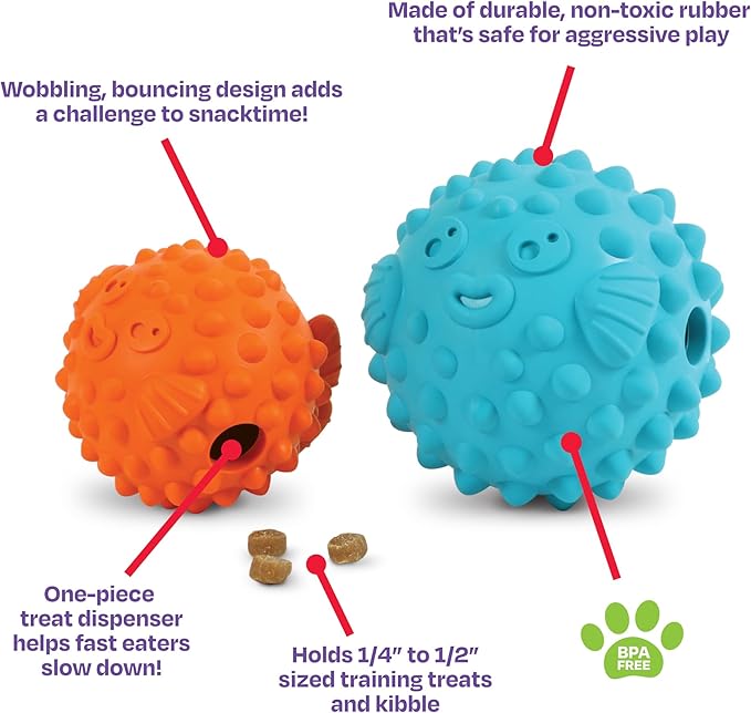 Brightkins Tough & Tumble Treat Dispenser Small Pufferfish - BPA Free Enrichment Dog Toys for Aggressive Play, Gift for Puppies