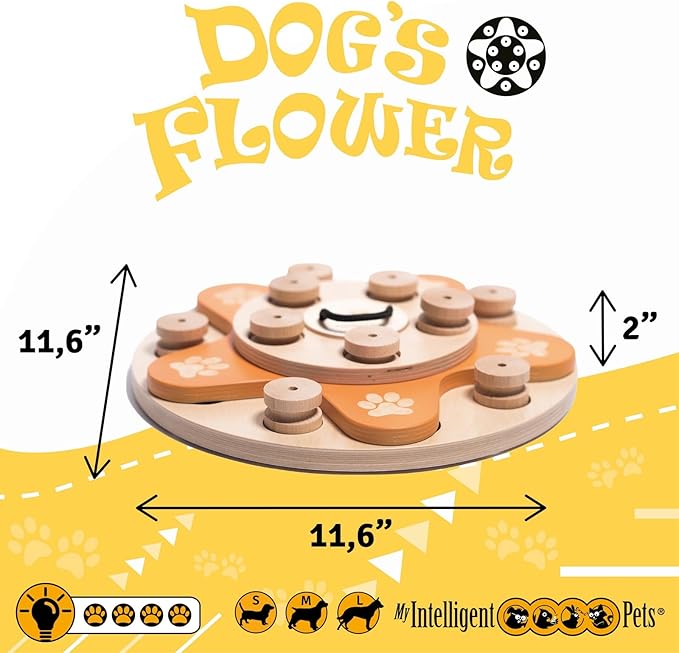 Dog's Flower - Interactive Wooden Puzzle Toy for Dogs, Brain Game for Mental Stimulation and Enrichment, All-Wood Design for Smart Dogs