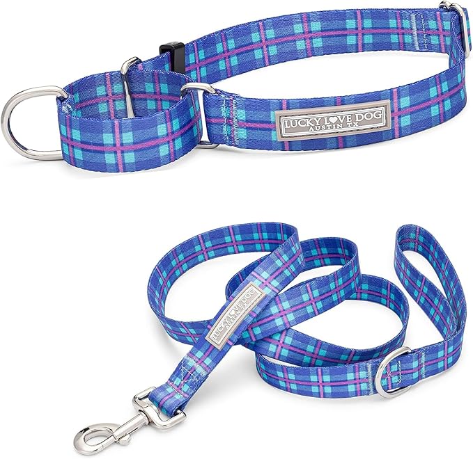 Lucky Love Dog Martingale Dog Collar & Leash - Adjustable, No-Slip, Durable, Comfortable, Soft Webbing, & Stylish Patterned Collar & Leash Set for Male and Female Dogs - Scotty Combo, Large