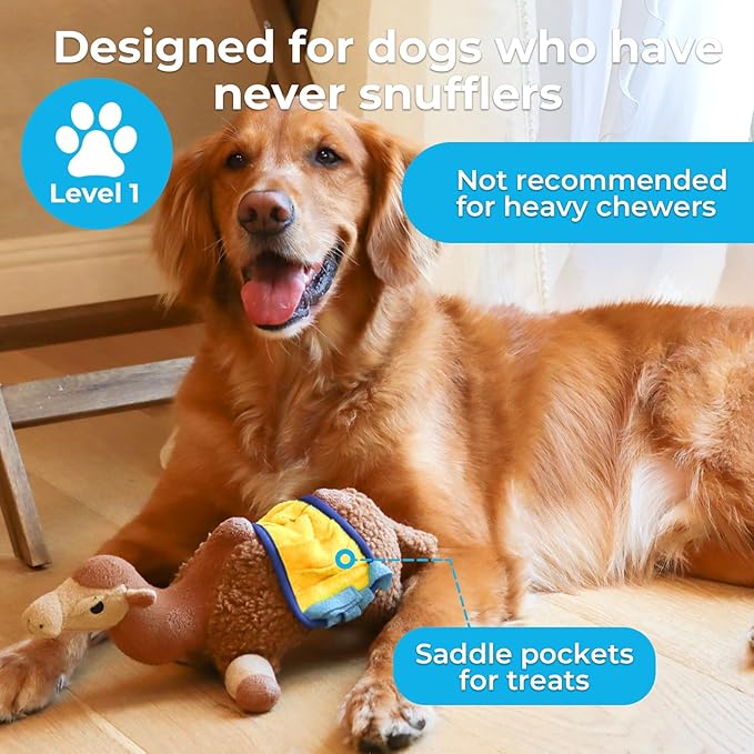 Dog Toys Plush with Squeaky & Treat Hiding Features - Mental Stimulation Enrichment Toy for Large Breed Dogs - Machine Washable Slow Feeder to Keep Dogs Busy，Sahara Camel