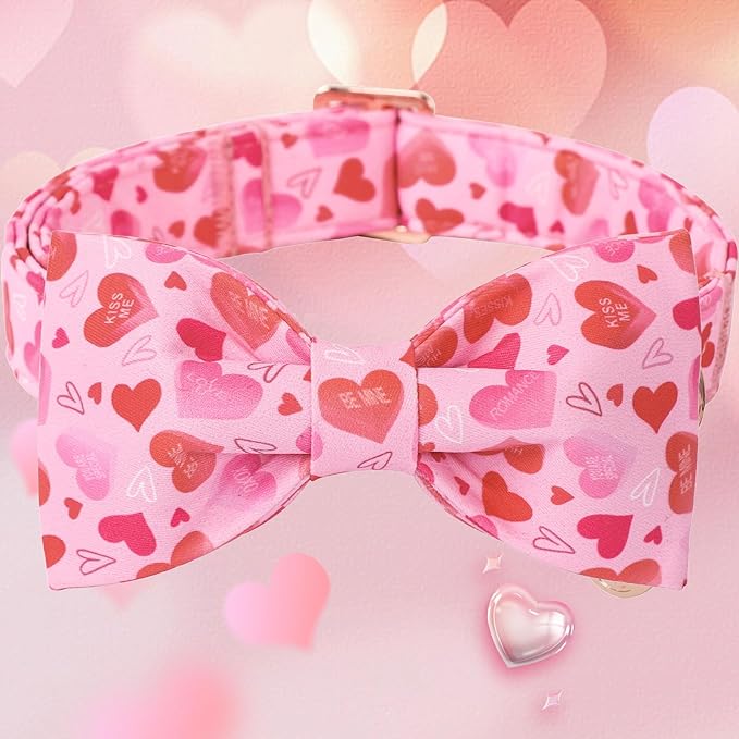 DOGWONG Valentine's Dog Collar with Bow - Cute Heart Bowtie Dog Collars, Adjustable Valentine Pink Heart Pet Collars Design Dog Collar with Quick Release Buckle for Puppy Girl Boy Female Dogs