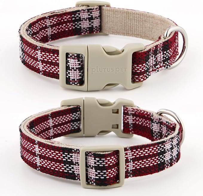 Plutus Pet Cotton Hemp Dog Collar and Leash Set, Adjustable Collar for Small, Medium, and Large Dogs, Heavy Duty and Soft on Skin, Red Plaid, S