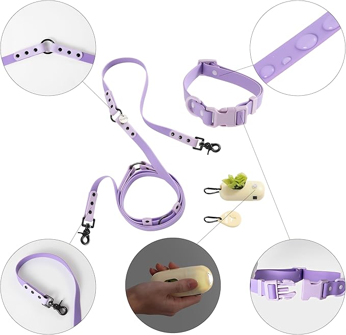 WLK1005H-5SET Luna Medium 8FT Adjustable 6-in-1 Waterproof Hands-Free Leash and Collar with LED Flashlight, Bag Dispenser, and Poop Bag Holder, Bramble