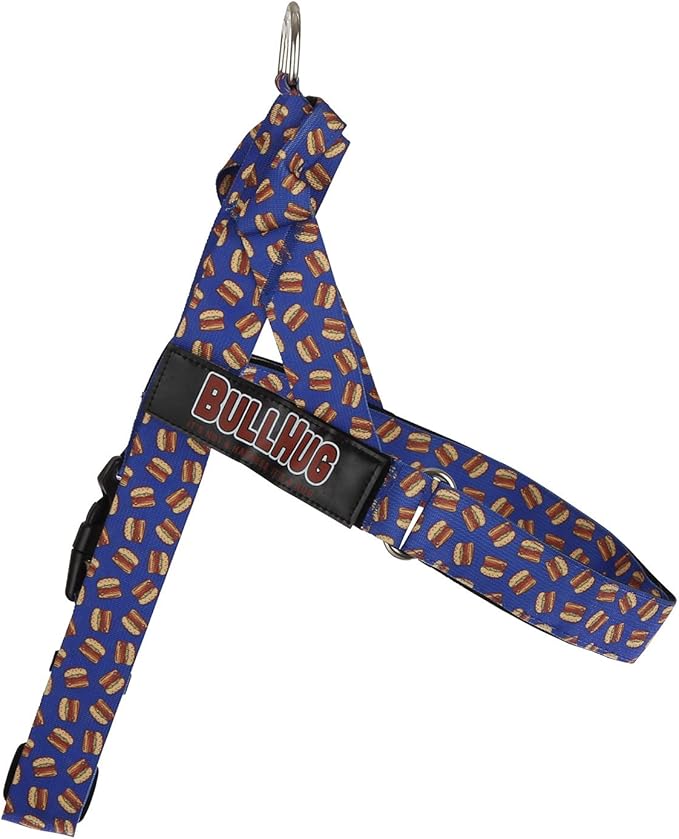 BULLHUG Adjustable Dog Harness– No Pull, No Choke – for English Bulldogs, French Bulldogs, Pugs & Broad-Chested Breeds – Easy, Safe Walks (Blue Burger, XL)