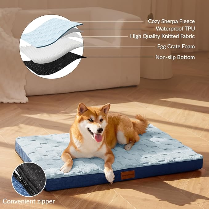 Patas Lague Orthopedic Dog Bed Large Sized Dog 36''X24'', Waterproof Soft Comfortable Egg Crate Foam Large Pet Beds Crate Mat with Removable Washable Cover and Nonskid Bottom, Blue