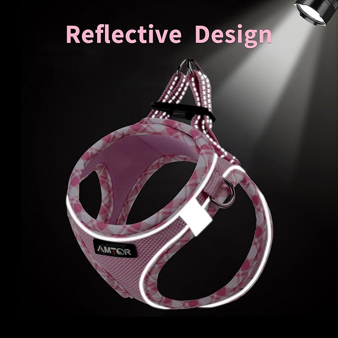 AMTOR Small Dog Harness with Leash Set, No Escape Easy Walk Puppy Harnesses for Training Walking, Step-in Reflective Soft Dogs Vest for XS S Medium Extra-Small Large Sized Dog(M Size,Pink/White)