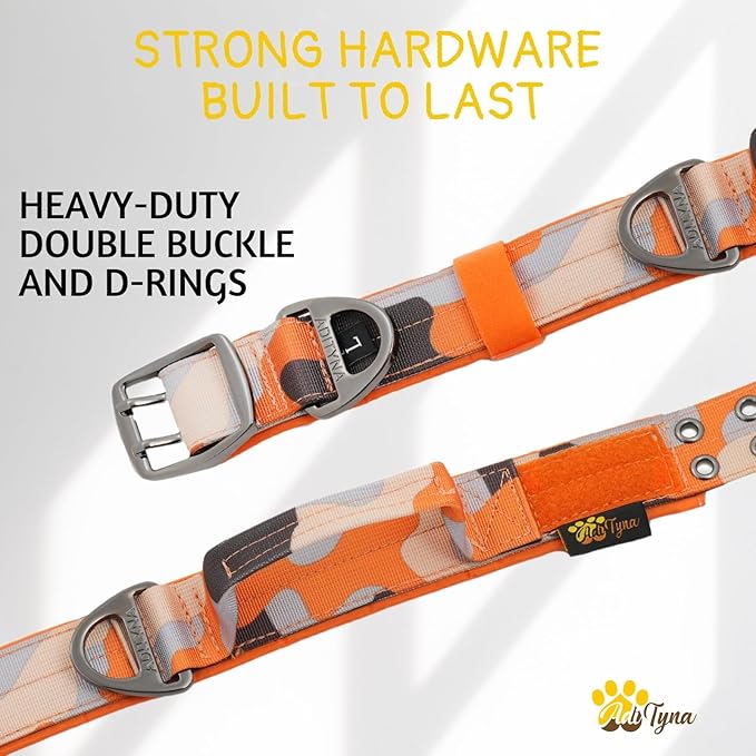 ADITYNA Heavy Duty Dog Collar for Extra-Large Dogs - Camo Orange Collar with Handle for Training, and Walking - Wide, Thick, Tactical, Soft Neoprene Padded