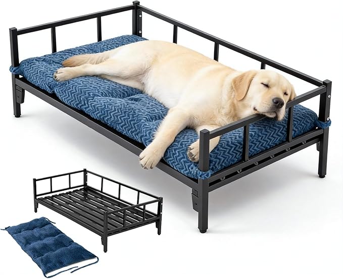 Raised Dog Bed with Waterproof Steel Frame - Washable Cushion Mat, Elevated Pet Cot for Large Size Dog, Breathable, Durable, No-Slip Feet, for Indoor & Outdoor, Black