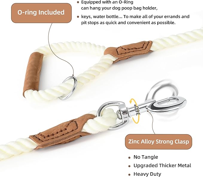 Mile High Life Dog Leash, Braided Cotton Rope Leashes with Leather Handle - Heavy Duty Metal Clasp, 4FT, 1/2" Thick - Wedding, Walking & Training Leash for Small Medium Large Dogs (White)