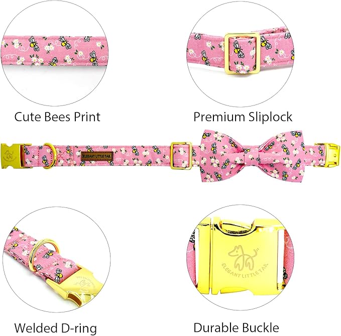 Elegant little tail Dog Collar, Spring Dog Collar with Bow Cute Bees Print Cotton Soft Female Male Pet Collar Bowtie Floral Dog Collar Adjustable Dog Collar for Medium Dogs