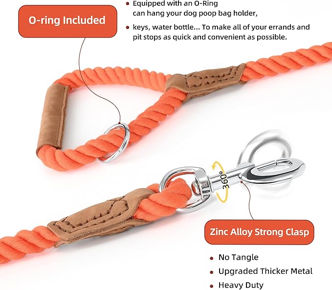 Mile High Life Dog Leash, Braided Cotton Rope Leashes with Leather Handle - Heavy Duty Metal Clasp, 6FT, 1/2" Thick - Wedding, Walking & Training Leash for Small Medium Large Dogs (Orangeade)