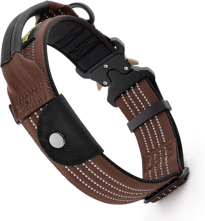 Plutus Pet Tactical Dog Collar with Tracker Pocket for AirTag, Adjustable Reflective Nylon Collar, Metal Buckle, Leather-Wrapped Handle, Soft Padded for Medium Large Dogs (Chocolate, M)