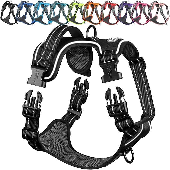 VIVAGLORY Dog Harness Easewalk No Pull Dog Harness with Handle Front Clip & Back Clip for Training Walking Lifting, No Pull Adjustable Easy On Padded Comfortable for Pet, XS, Black - Patterned