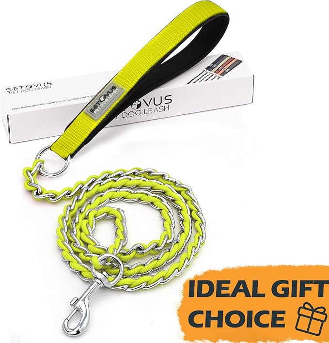 Chain Dog Leash Chew Proof Metal Leash for Medium Large Dogs, Chain Link Dog Anti Chew 5.2FT / 4FT Strong Anti Bite Comfortable Soft Padded Handle (Yellow, 4FT(30-80lb)