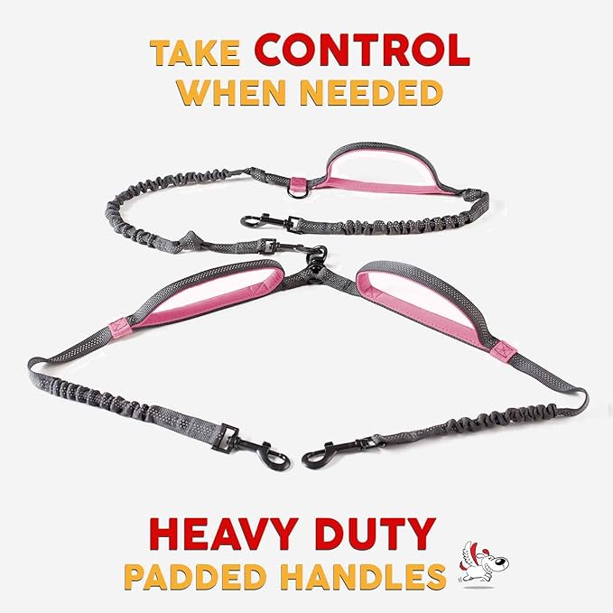 Pet Dreamland Exquisite Hands Free Dual Dog Leash for Medium Dogs. Trending Waist Leash for Walking 2 Dogs No Tangle. You Will Absolutely Love This Amazing Double Dog Gear (Dark Grey & Pink)