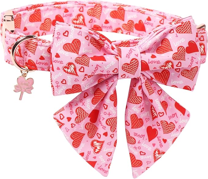 DOGWONG Valentine's Day Dog Collar with Bow Tie - Adorable Pet Collar Red Hearts with Rose Gold Buckle for Large Medium Small Dog Walking, M