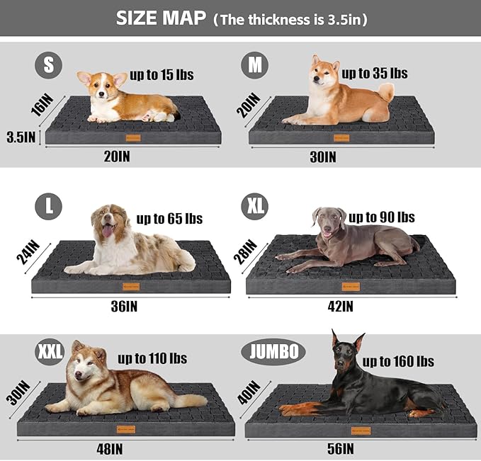 Patas Lague Orthopedic Jumbo Dog Bed for Extra Large Dogs 56''X40'', Waterproof Soft Warm Comfortable Egg Crate Foam Jumbo Pet Beds Mat with Removable Washable Cover and Nonskid Bottom, Dark Grey