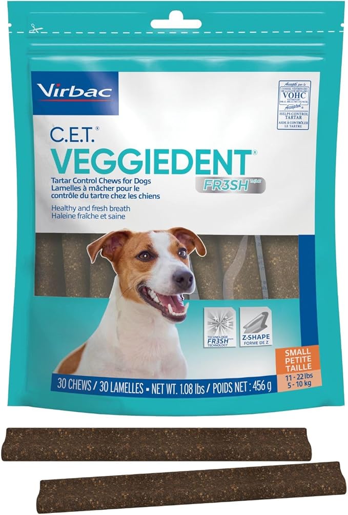 Virbac C.E.T. VEGGIEDENT FR3SH Tartar Control Chews for Dogs with digestive health support, VOHC Approved, Small 11-22lbs