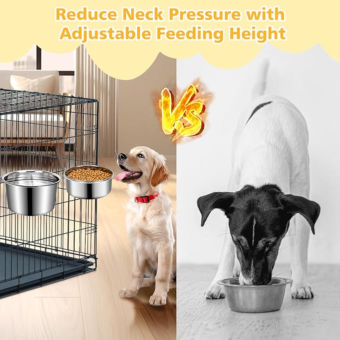 Large Dog Crate Water Bowl No Spill 2 Pack, Stainless Steel Dog Bowls for Food and Water, Pet Kennel Hanging Dogs Food Bowls for Medium/Large Dogs and Cats (7.1"x3.7" & 7.1"*2.6", Silver)