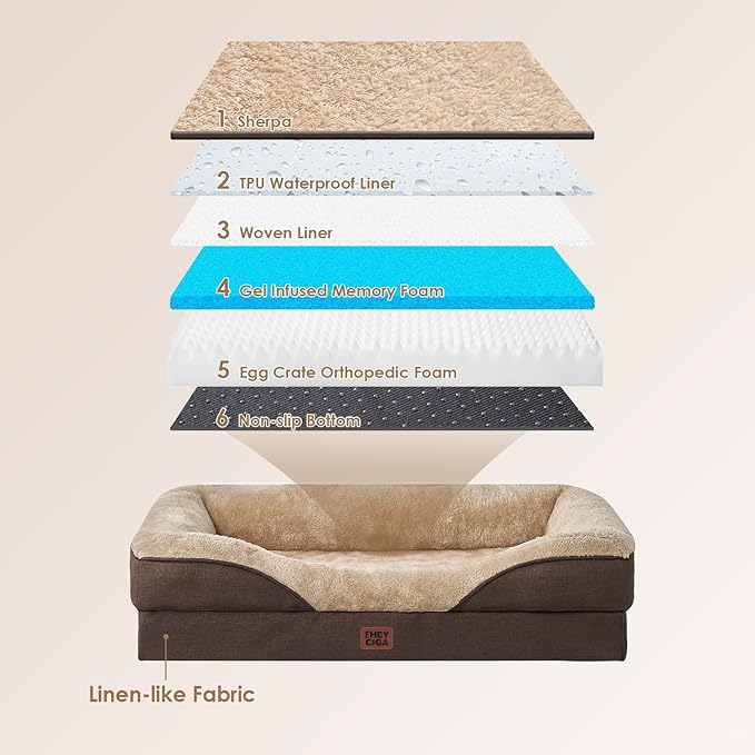 EHEYCIGA Orthopedic XL Dog Bed for Large Sized Dog, 48x35x7.5 Inch Extra Large Memory Foam Dog Couch Bed with Sides, Waterproof Liner & Washable Removable Cover, Bolster Pet Sofa, Brown