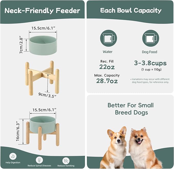Ceramic 6.1inch Raised Dog Bowl with Stand for Small and Medium Dog Dish Pet Food and Water Bowl (Single Bowl with Stand - Light Green)