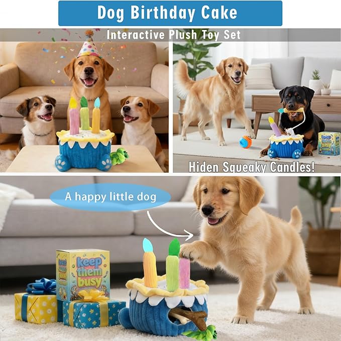 4-in-1 Dog Birthday Cake Toy, Interactive Snuffle Puzzle, Funny Dog Toys—Plush Squeaky Treat Dispenser with Cotton Rope, Hide ＆ Seek Enrichment Toy for Small/Medium/Large Dogs, Gotcha Day Party Gift