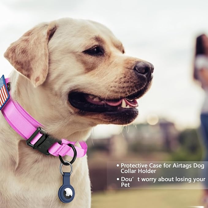 DAGANXI Tactical Dog Collar, Adjustable Military Training Nylon Dog Collar with Control Handle and Heavy Metal Buckle for Medium and Large Dogs, with Patches and Airtags Case (M, Pink-Set)