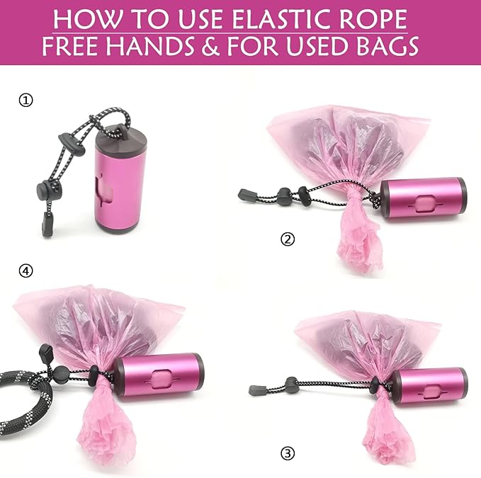 Aluminum Dog Poop Bags Holder with Carabiner Metal Pet Waste Bags Dispenser with Hook and Loop Fastener and Elastic Cord to Carry Used Bags (Pink, 1 Holder 15 Bags)