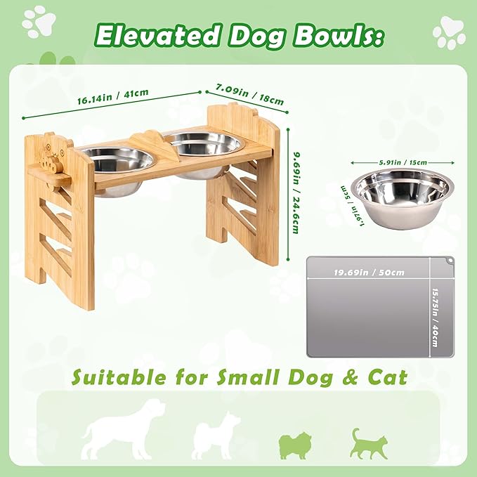 Lavievert Elevated Dog Bowls Stand with 6 Height Adjustable & Splash-Proof Mat - 2 Thick Stainless Steel Pet Food Bowls for Medium/Small Dogs - Raised Dogs & Cats Feeder with Waterproof Base