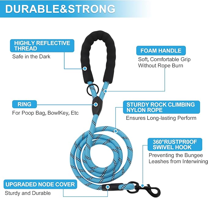 Double Dog Leash, Hands-Free Dual with Comfortable Padded Handle, Double for Two Dogs, Adjustable Length, Blue, 1 Set