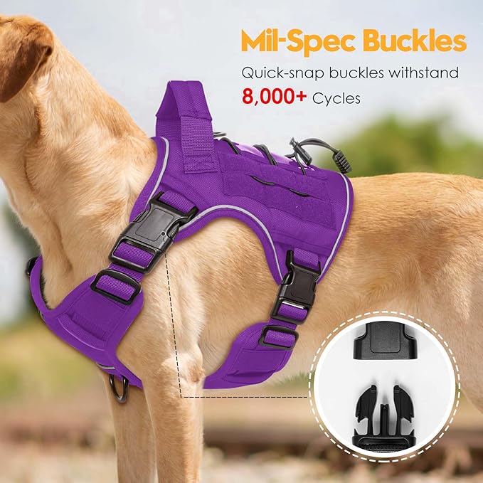 Heavy-Duty Tactical Dog Harness for Large Dogs, No Pull Adjustable Reflective Pet Vest with Molle System, K9 Military-Grade Control for Service Training, Outdoor & 10+ Breeds, Purple, Medium