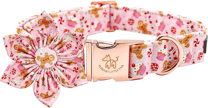 Elegant Little Tail Dog Collar With Flower - Christmas Plaid Adjustable Collar for Medium Dogs and Girl Pets