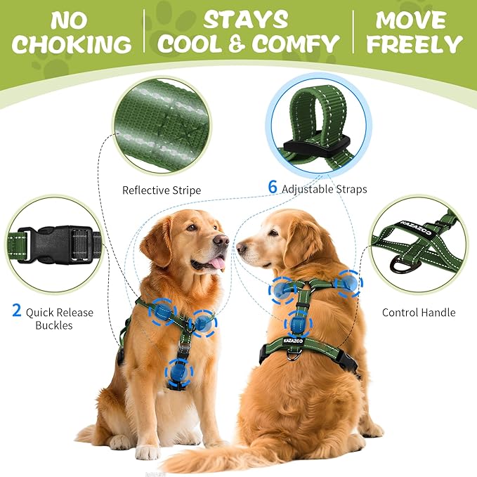 Dog Harness,Adjustable No Pull Dog Harness,Y-Shaped Design,Buckle-Neck Balance Harness with Reflective, Ideal for Dog Training Hiking, Easy Walk Harness,Durable High-Tensile Nylon Green-L