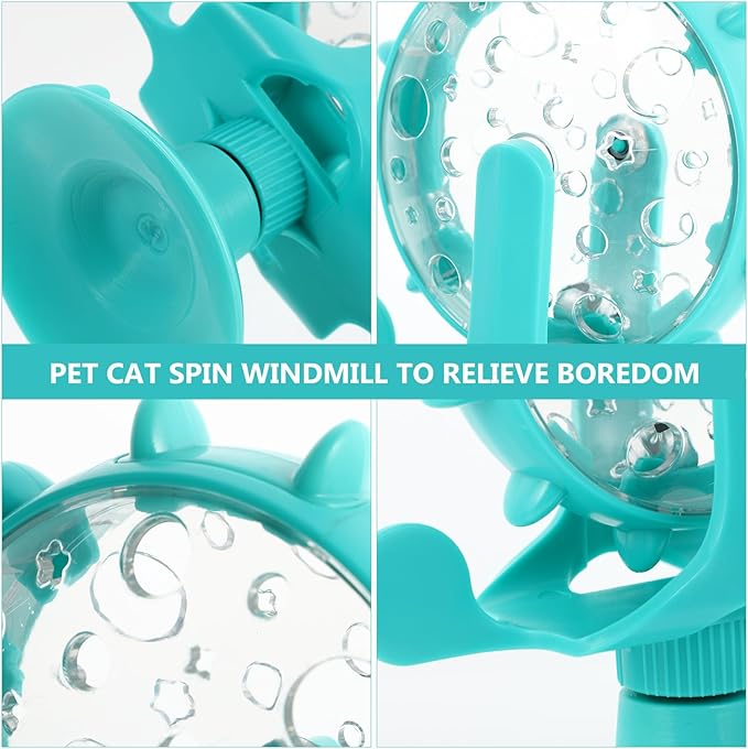 Windmill Cat Treat Dispenser Toy : 360 Degree Rotating Cat Treat Feeder with Suction Cup for Puppies Kitten, 5.11X1.57X6.68in (Blue)