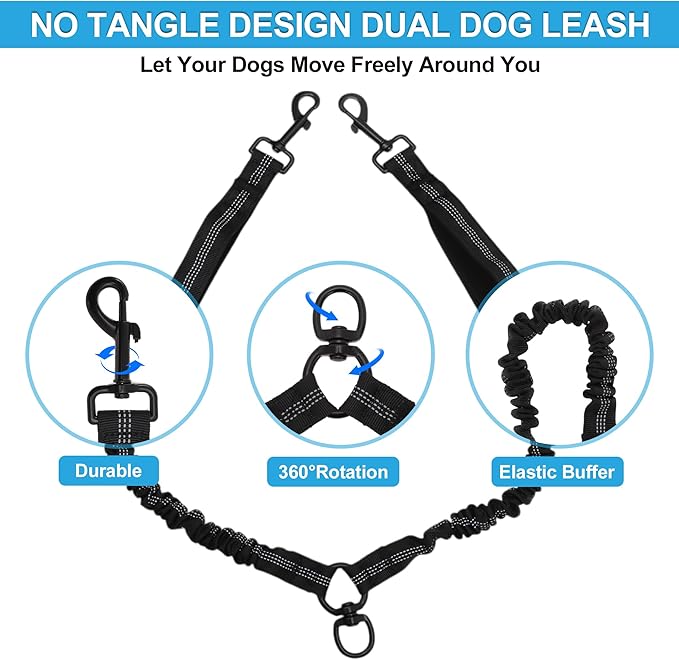 Double Dog Leash, Hands-Free Dual with Comfortable Padded Handle, Double for Two Dogs, Adjustable Length, Black, 1 Set