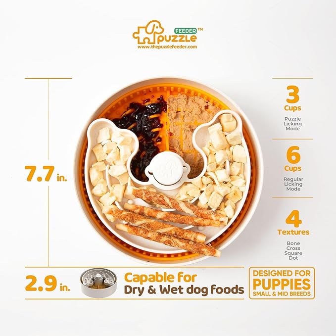 Puzzle Feeder Slow Feeder Dog Bowl, Rich Texture Lick Mat, Enrichment Puppy Feeder for Small Dogs, 4 Modes, 3 Detachable Parts, Adjustable Feeding Speeds