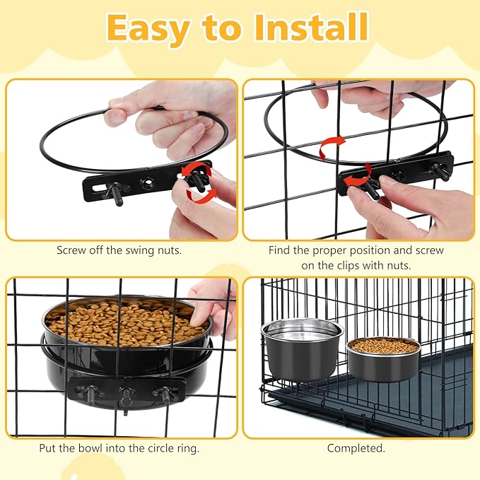 Large Dog Crate Water Bowl No Spill, 2 Pack Stainless Steel Dog Bowls for Food and Water, Pet Kennel Hanging Dogs Food Bowls for Medium/Large Dogs and Cats (7.1"x3.7" & 6.3"*2.6", Black)