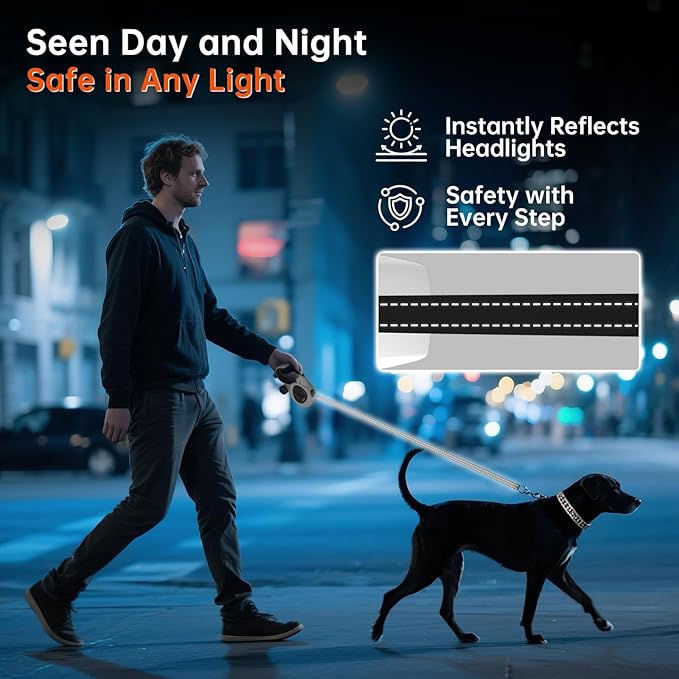 16Ft Retractable Dog Leash with LED Light, Heavy Duty Dog Leash for Small, Medium & Large Dogs Up to 66lbs, 360° Tangle-Free, Dispenser and Poop Bags