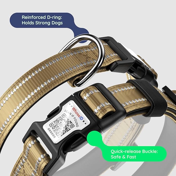 Airtag Dog Collar, Reflective Ultra-Durable Nylon Padded with QR Code Buckle & IP68 Waterproof Air Tag Holder Compatible for Apple AirTag, Comfortable for Small Medium Large Dogs(Brown,M)