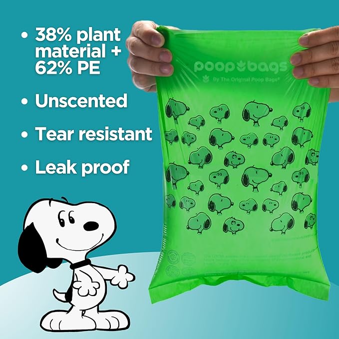 The Original Poop Bags® 38% USDA Biobased Pet Waste Bags, Peanuts Design, Leak-Resistant & Durable Leash Rolls, Black/Green, 60 Count