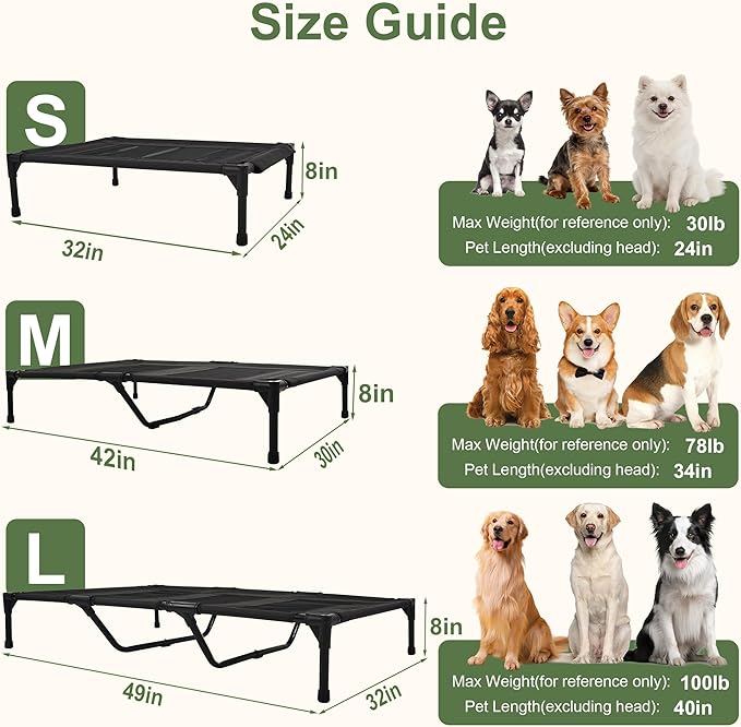 Dog Beds, Raised Pet Cot for Medium and Large Dogs, Cooling Breathable Mesh, Durable Sturdy Frame, Washable Cover, Portable and Easy to Assemble Indoor/Outdoor Pet Bed, Black, M