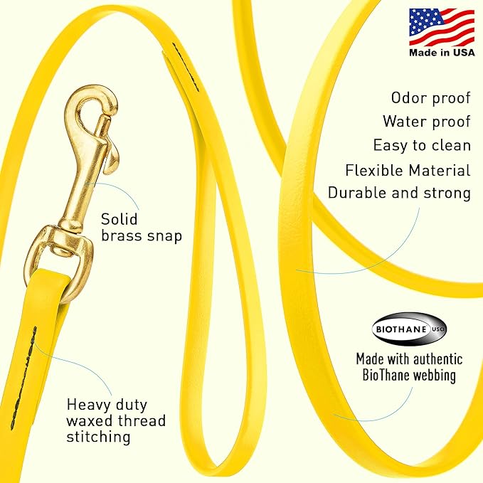 Viper Biothane K9 Working Dog Leash Waterproof Lead for Tracking Training Schutzhund Odor-Proof Long Line with Solid Brass Snap for Puppy Medium and Large Dogs, 15ft Lemon Yellow