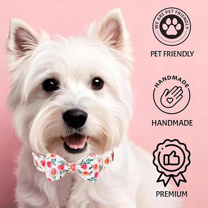 Tunkoo Flower Dog Collar with Cute Bow Tie and Rose Patterns, Adjustable Premium Durable Cotton Collar Gift for Small Medium Large Boys Girls Dogs, M