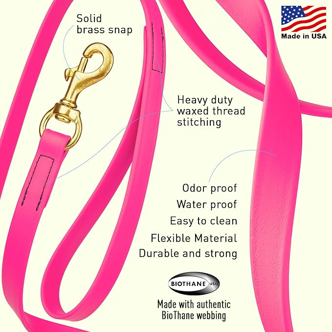 Viper Biothane K9 Working Dog Leash Waterproof Lead for Tracking Training Schutzhund Odor-Proof Long Line with Solid Brass Snap for Puppy Medium and Large Dogs, 15ft Passionfruit Pink