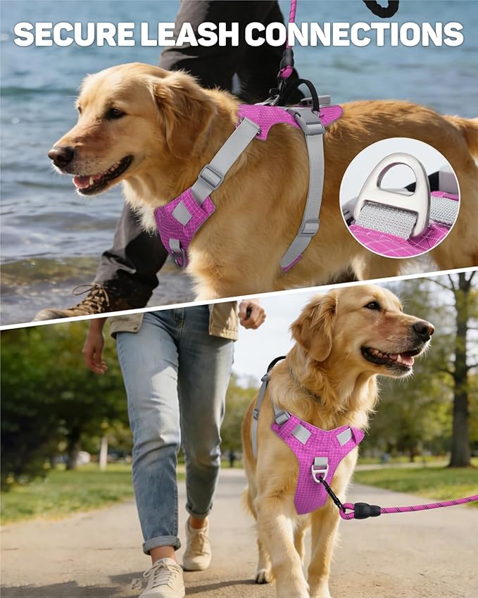 TagME No Pull Dog Harness with 2 Leash Clips,Lightweight & Visible for All-Day Walking,No Choke Pet Vest Includes AirTag Holder for Large Dogs,Fuchsia Pink