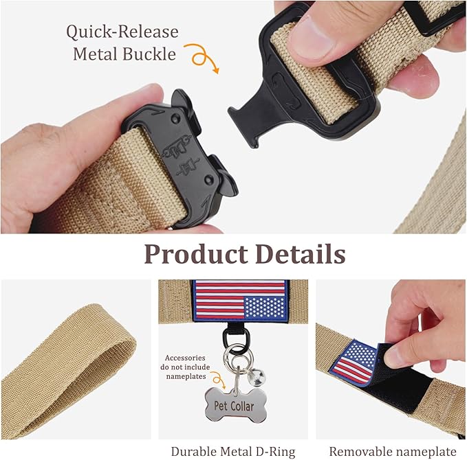 Heavy Duty Tactical Dog Collar Adjustable Nylon Pet Collars Quick Release Buckle with 2 D-Rings Patch for Medium, Large Dogs (Khaki, Size L)