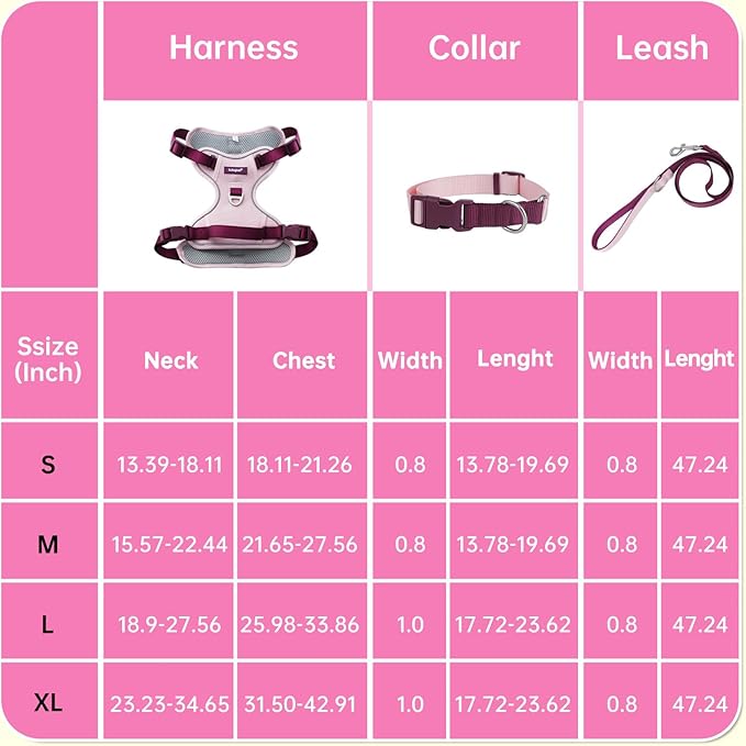 No Pull Dog Harness Leash and Collar Set, Soft Adjustable Dogs Vest Reflective and Comfortable Handle Pink Medium