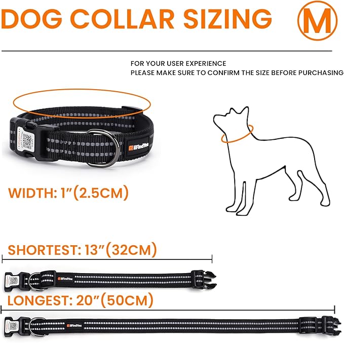 Reflective Dog Collar with QR Code Tag, Personalized Dog Collar, Safety Night Visibility, Anti-Loss Function (Black, Medium)