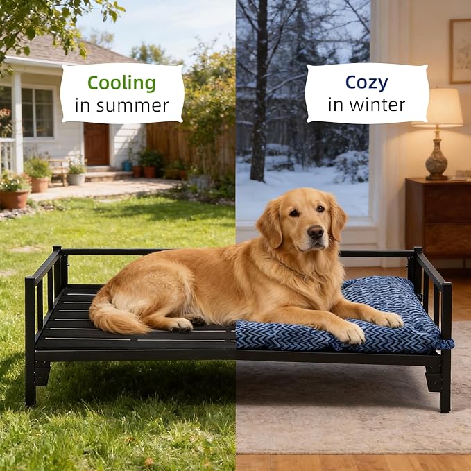 Raised Dog Bed with Waterproof Steel Frame - Washable Cushion Mat, Elevated Pet Cot for Large Size Dog, Breathable, Durable, No-Slip Feet, for Indoor & Outdoor, Black