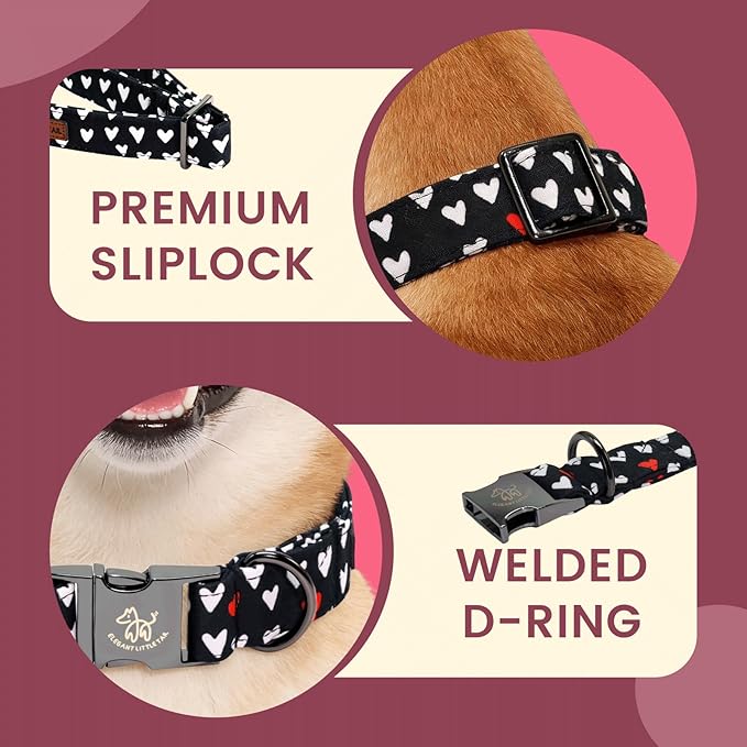 Elegant little tail Valentine's Dog Collar - Black Heart Dog Collars Bowtie Pet Collars with Sturdy Metal Buckle Puppy Adjustable Collar for Medium Dogs